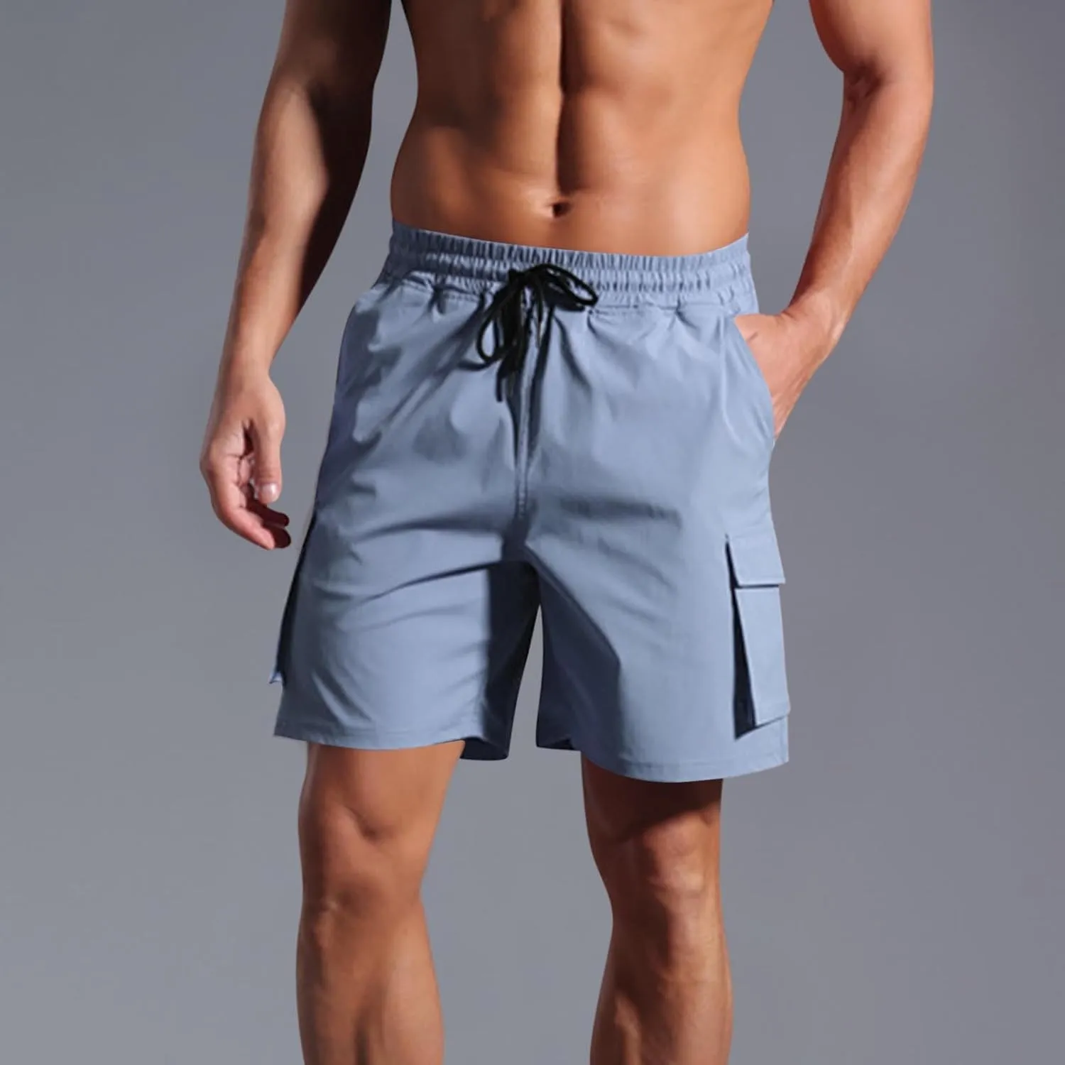 Cargo Shorts for Men Solid Color Elastic Waist Multiple Pockets Cropped Pants Flowy Cotton Comfy Breathable Short