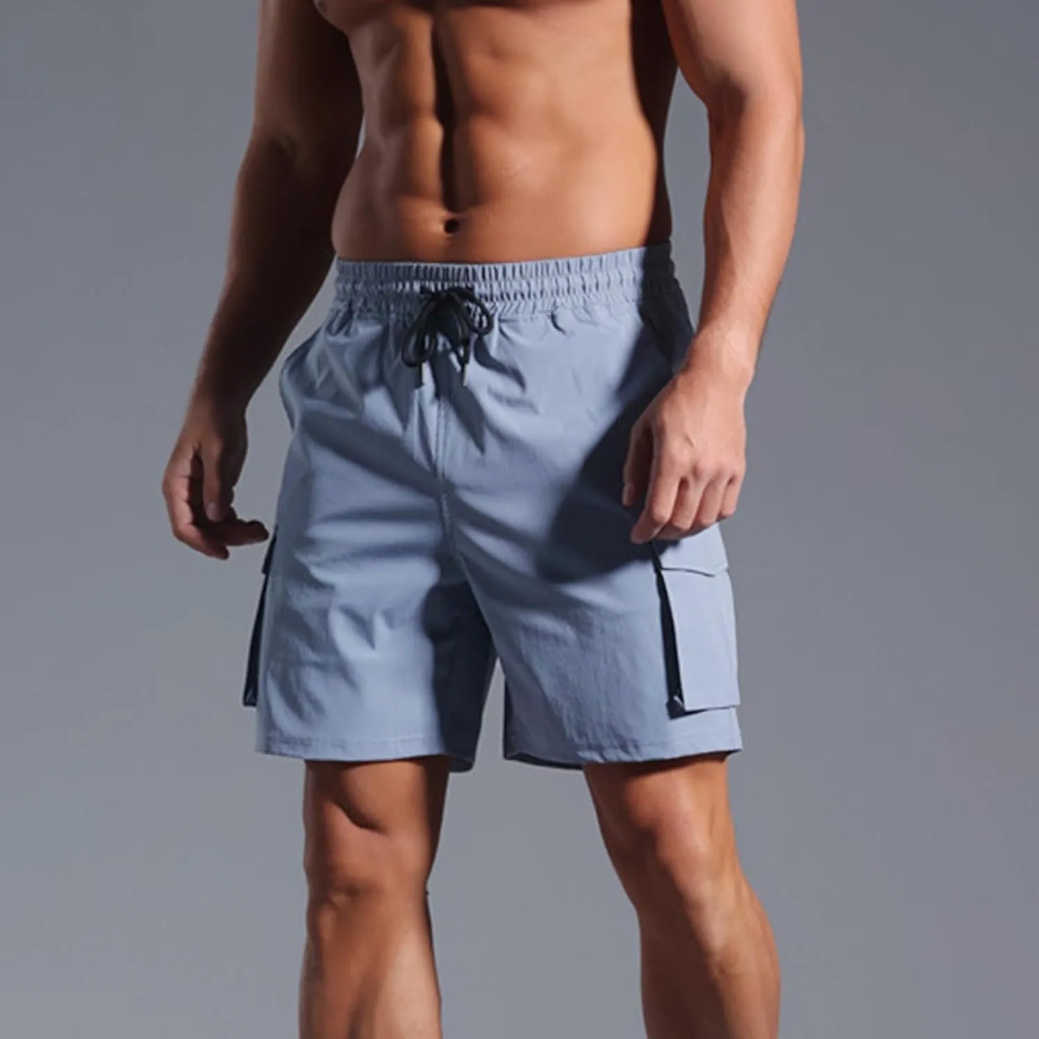 Cargo Shorts for Men Solid Color Elastic Waist Multiple Pockets Cropped Pants Flowy Cotton Comfy Breathable Short