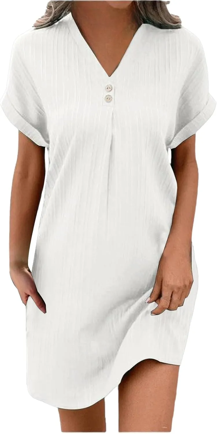 Casual Short Sleeve Summer Dresses for Women 2025 V Neck Boho Beach Dress Mini T Shirt Sundresses Dressy Work Ouftits