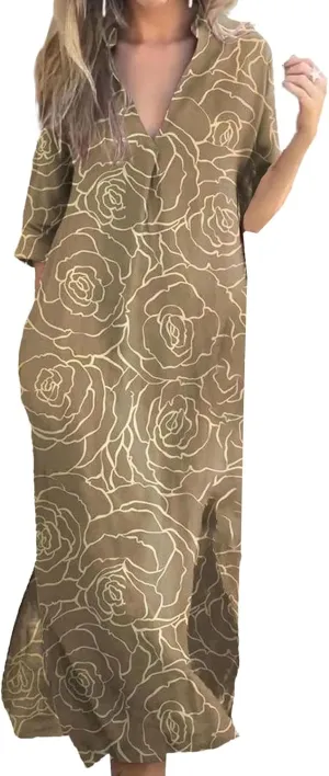 Casual Summer Dresses for Women 2025,Women V Neck Boho Maxi Dress Vintage Floral Print Half Sleeve Split Beach Dresses
