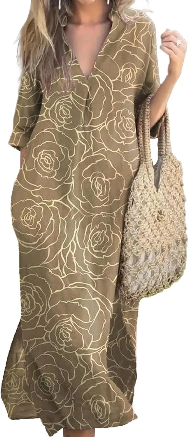 Casual Summer Dresses for Women 2025,Women V Neck Boho Maxi Dress Vintage Floral Print Half Sleeve Split Beach Dresses