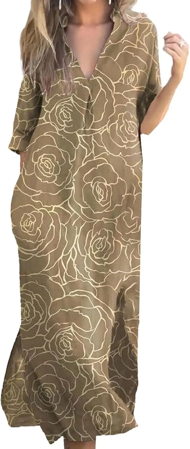 Casual Summer Dresses for Women 2025,Women V Neck Boho Maxi Dress Vintage Floral Print Half Sleeve Split Beach Dresses