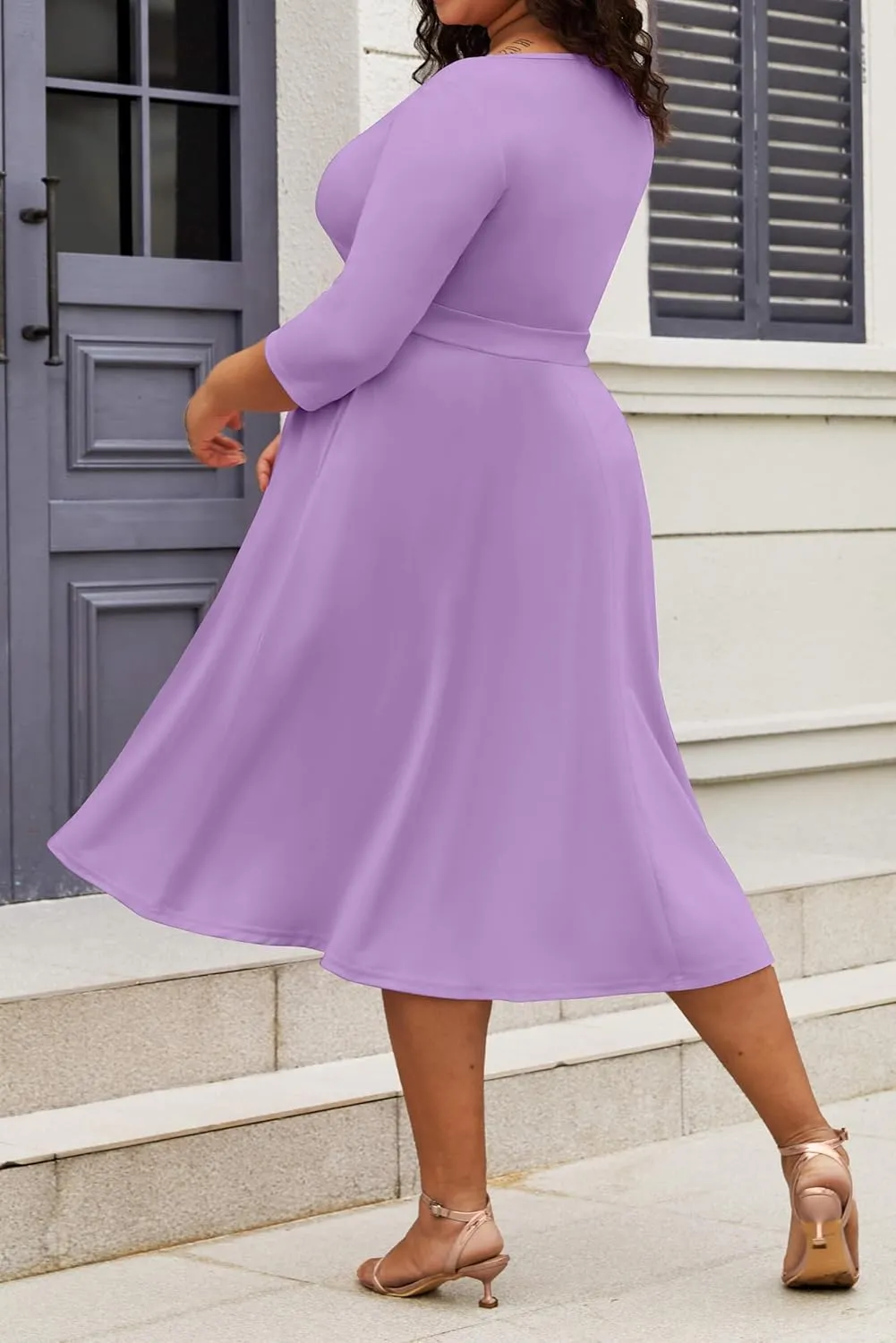 CLOCOR Women's Plus Size Midi Dress 3/4 Sleeve A-Line Swing Dress V Neck Flowy Casual Dresses