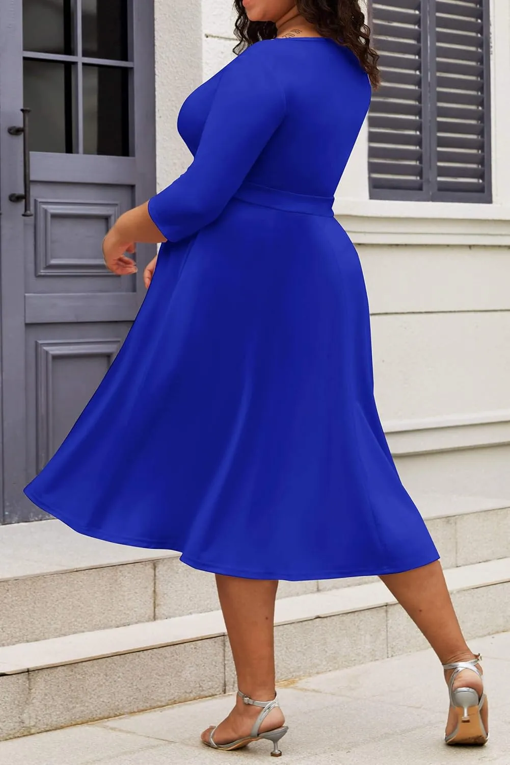 CLOCOR Women's Plus Size Midi Dress 3/4 Sleeve A-Line Swing Dress V Neck Flowy Casual Dresses