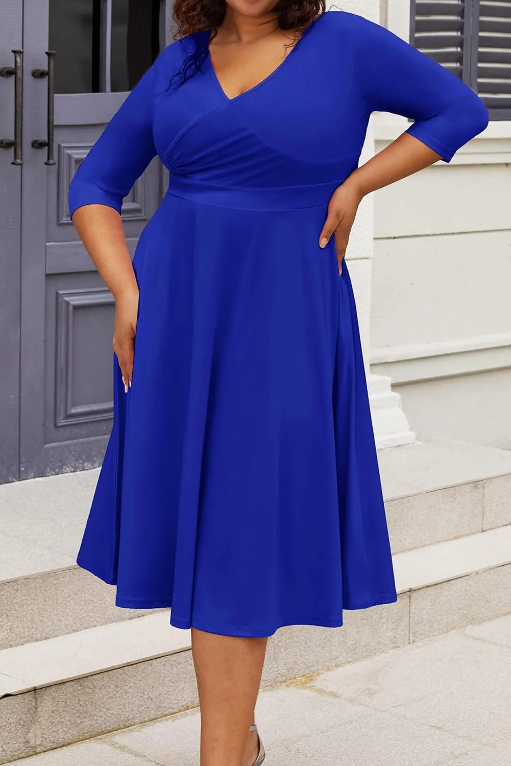 CLOCOR Women's Plus Size Midi Dress 3/4 Sleeve A-Line Swing Dress V Neck Flowy Casual Dresses
