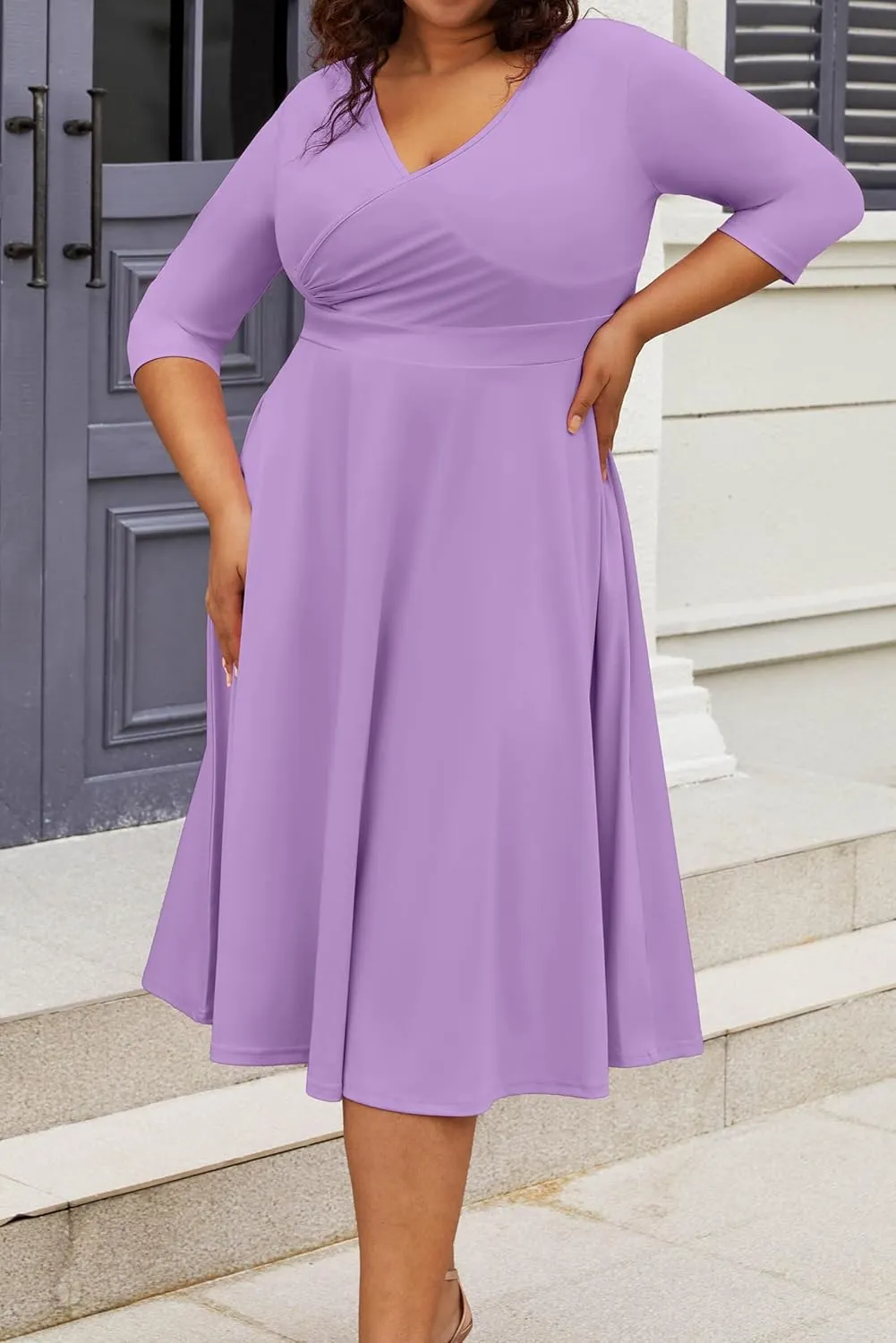CLOCOR Women's Plus Size Midi Dress 3/4 Sleeve A-Line Swing Dress V Neck Flowy Casual Dresses