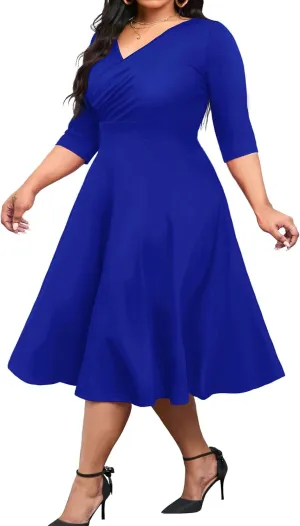 CLOCOR Women's Plus Size Midi Dress 3/4 Sleeve A-Line Swing Dress V Neck Flowy Casual Dresses