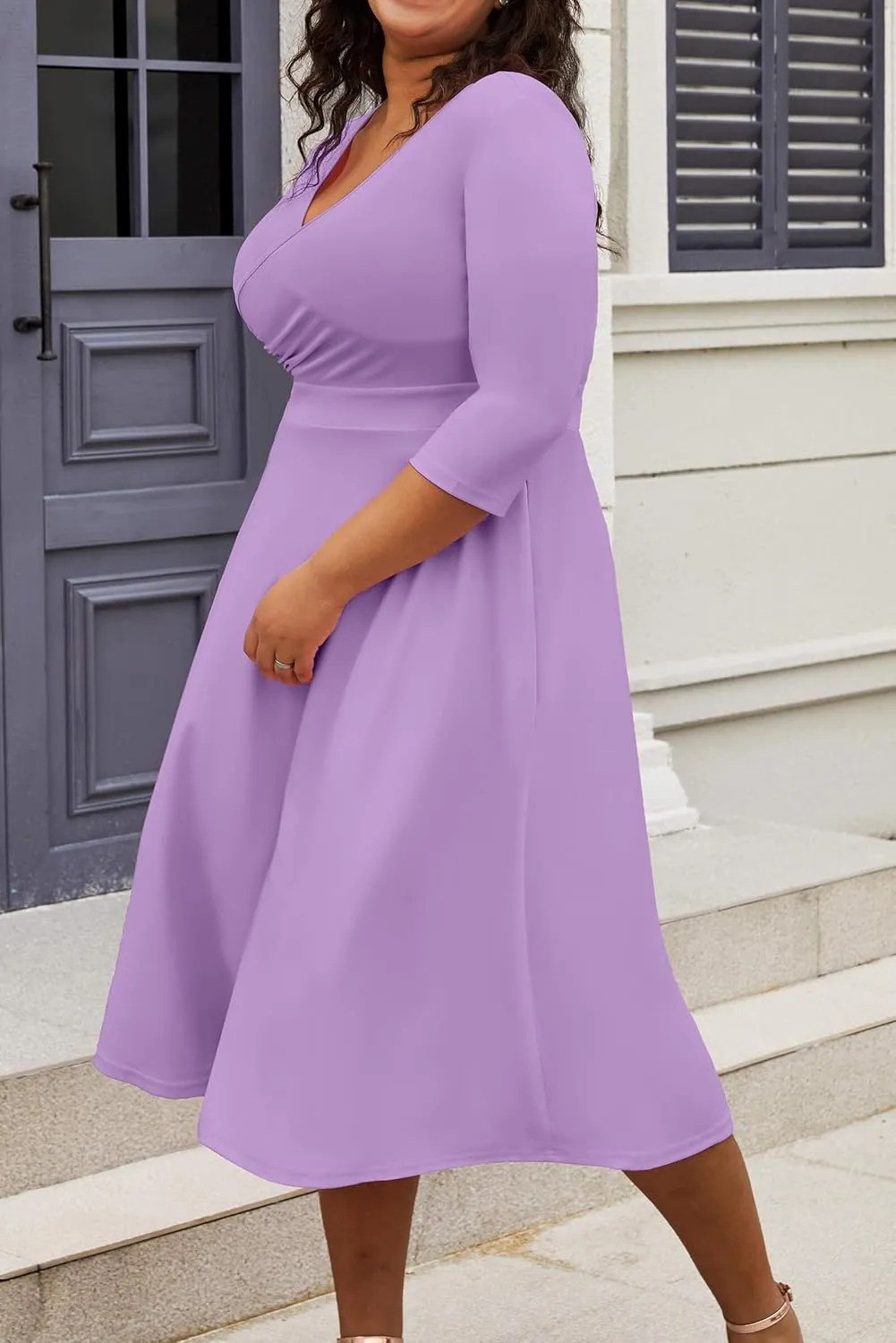 CLOCOR Women's Plus Size Midi Dress 3/4 Sleeve A-Line Swing Dress V Neck Flowy Casual Dresses