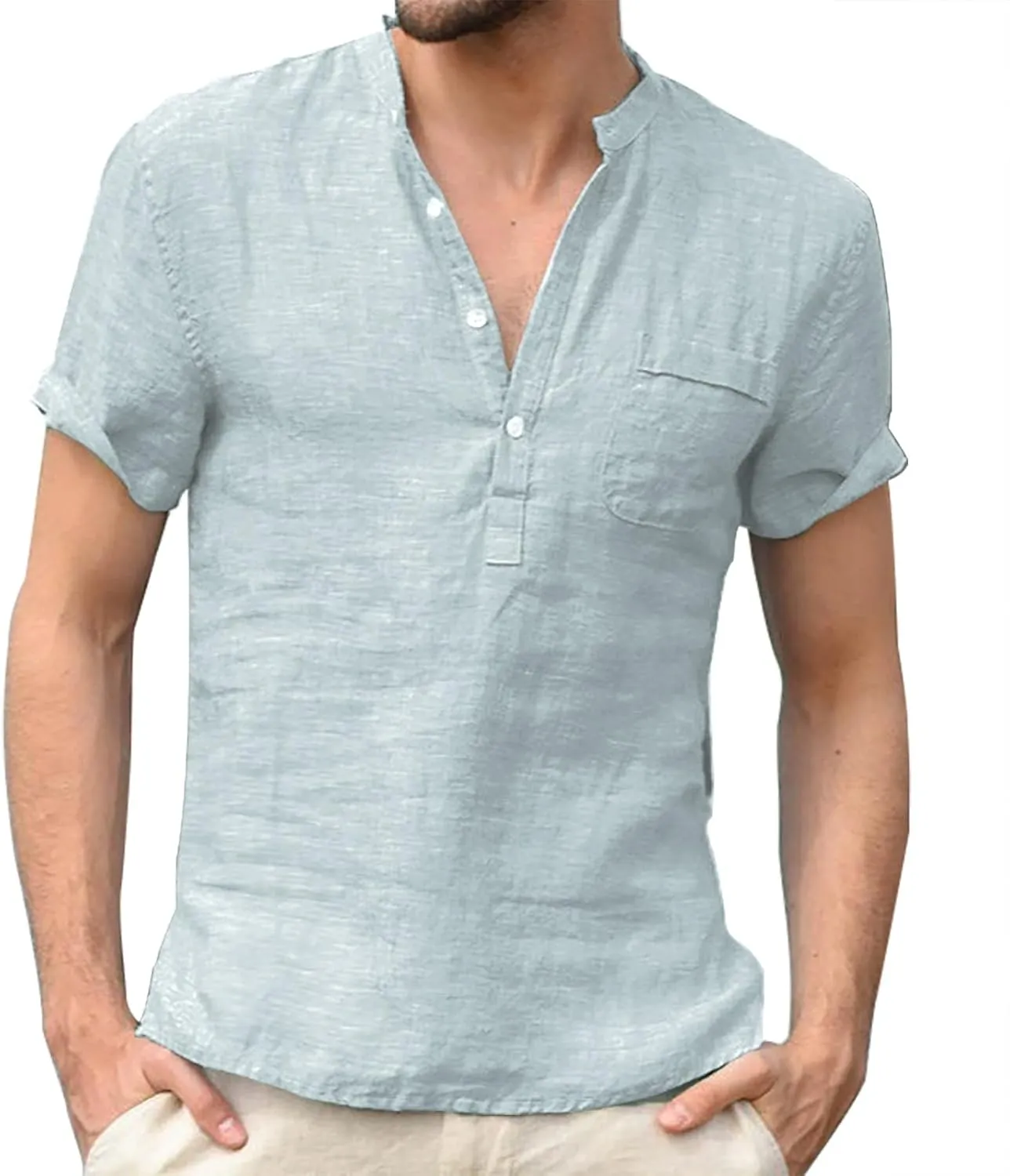 Cotton Linen Henley Shirts for Men Solid Short Sleeve Band Collar Shirt with Pocket Casual Summer Beach Tshirts