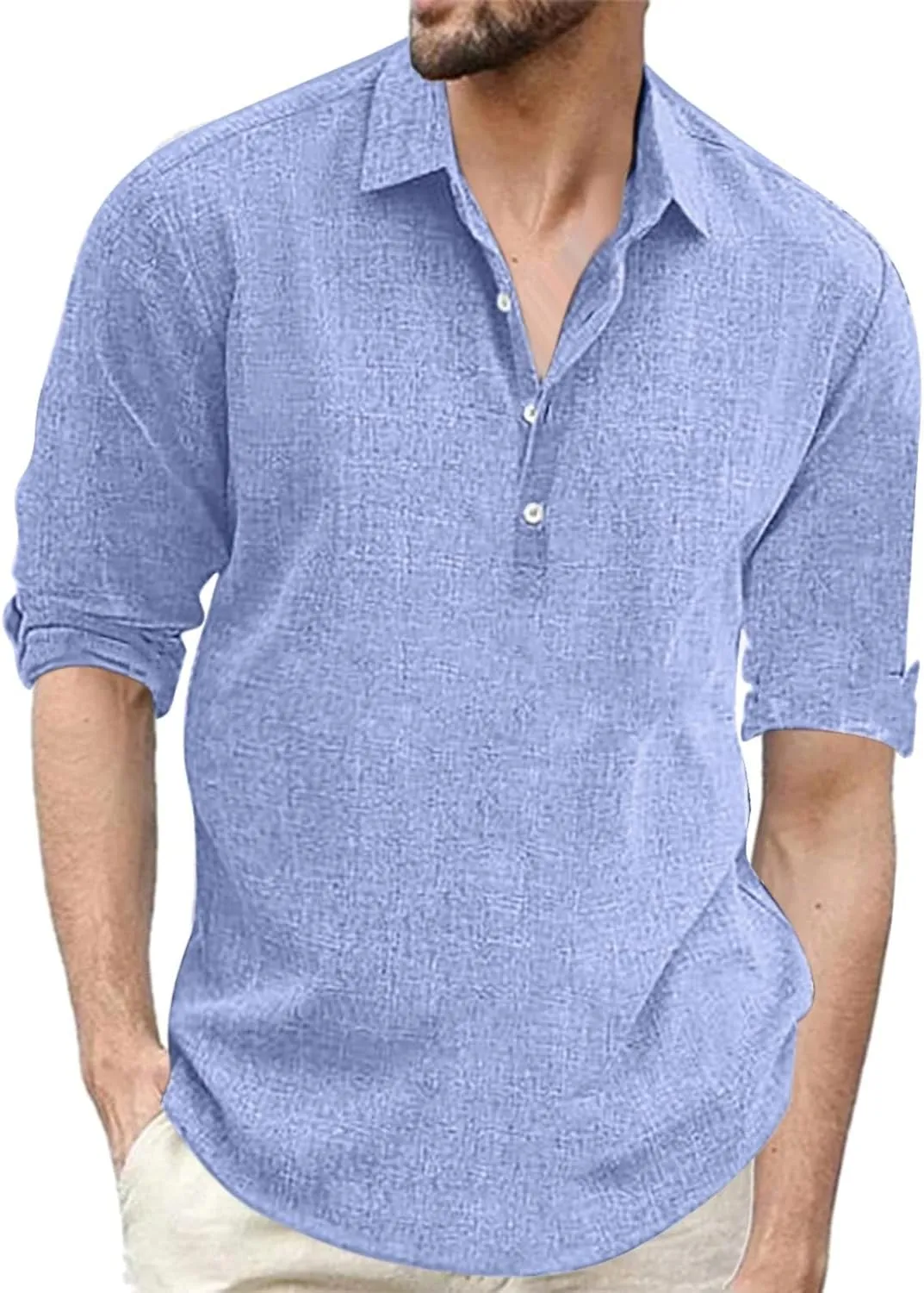 Cotton Linen Henley Shirts for Men Solid Short Sleeve Band Collar Shirt with Pocket Casual Summer Beach Tshirts