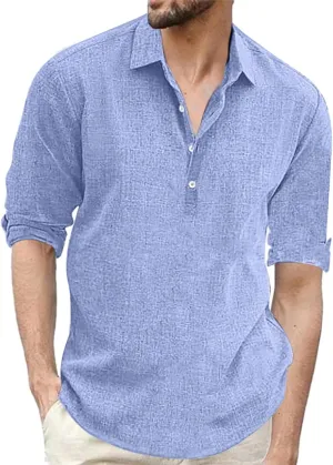 Cotton Linen Henley Shirts for Men Solid Short Sleeve Band Collar Shirt with Pocket Casual Summer Beach Tshirts