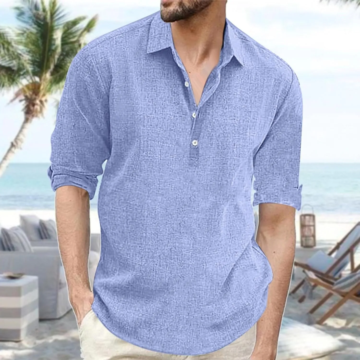 Cotton Linen Henley Shirts for Men Solid Short Sleeve Band Collar Shirt with Pocket Casual Summer Beach Tshirts