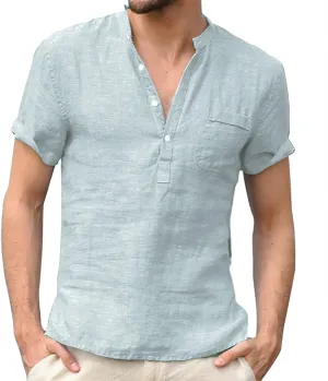 Cotton Linen Henley Shirts for Men Solid Short Sleeve Band Collar Shirt with Pocket Casual Summer Beach Tshirts