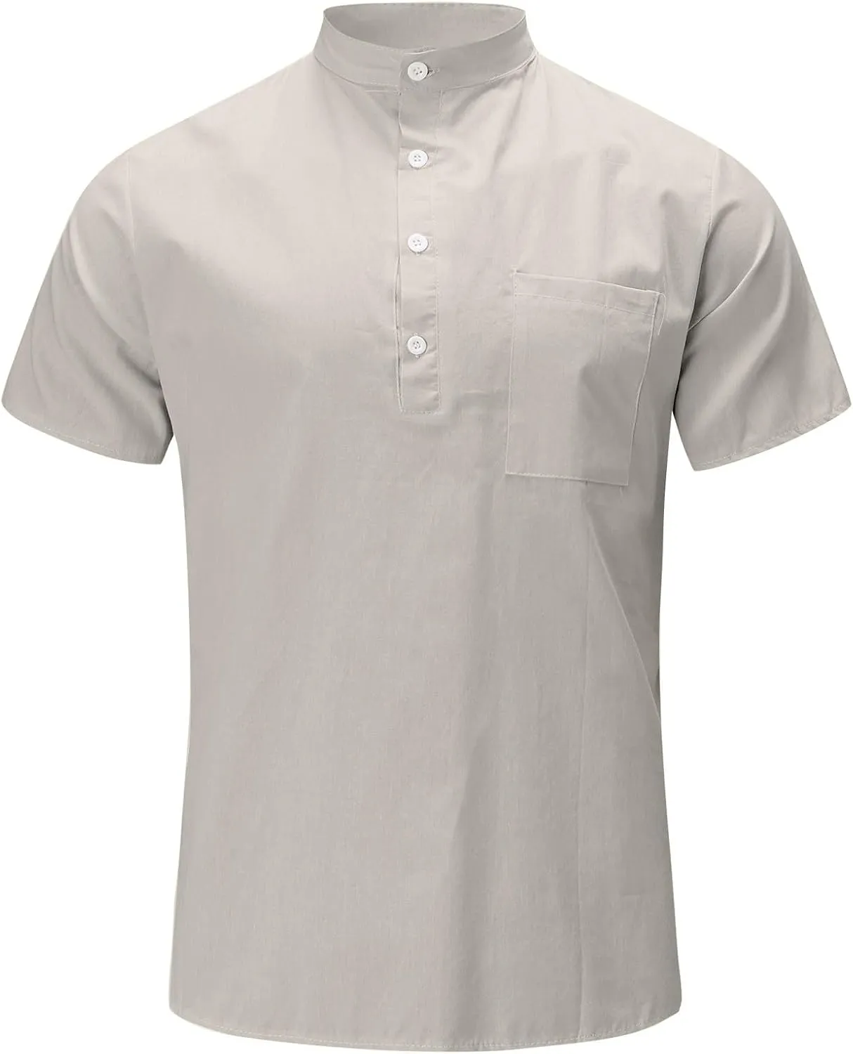 Cotton Linen Henley Shirts for Men Solid Short Sleeve Band Collar Shirt with Pocket Casual Summer Beach Tshirts