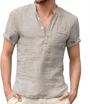 Cotton Linen Henley Shirts for Men Solid Short Sleeve Band Collar Shirt with Pocket Casual Summer Beach Tshirts