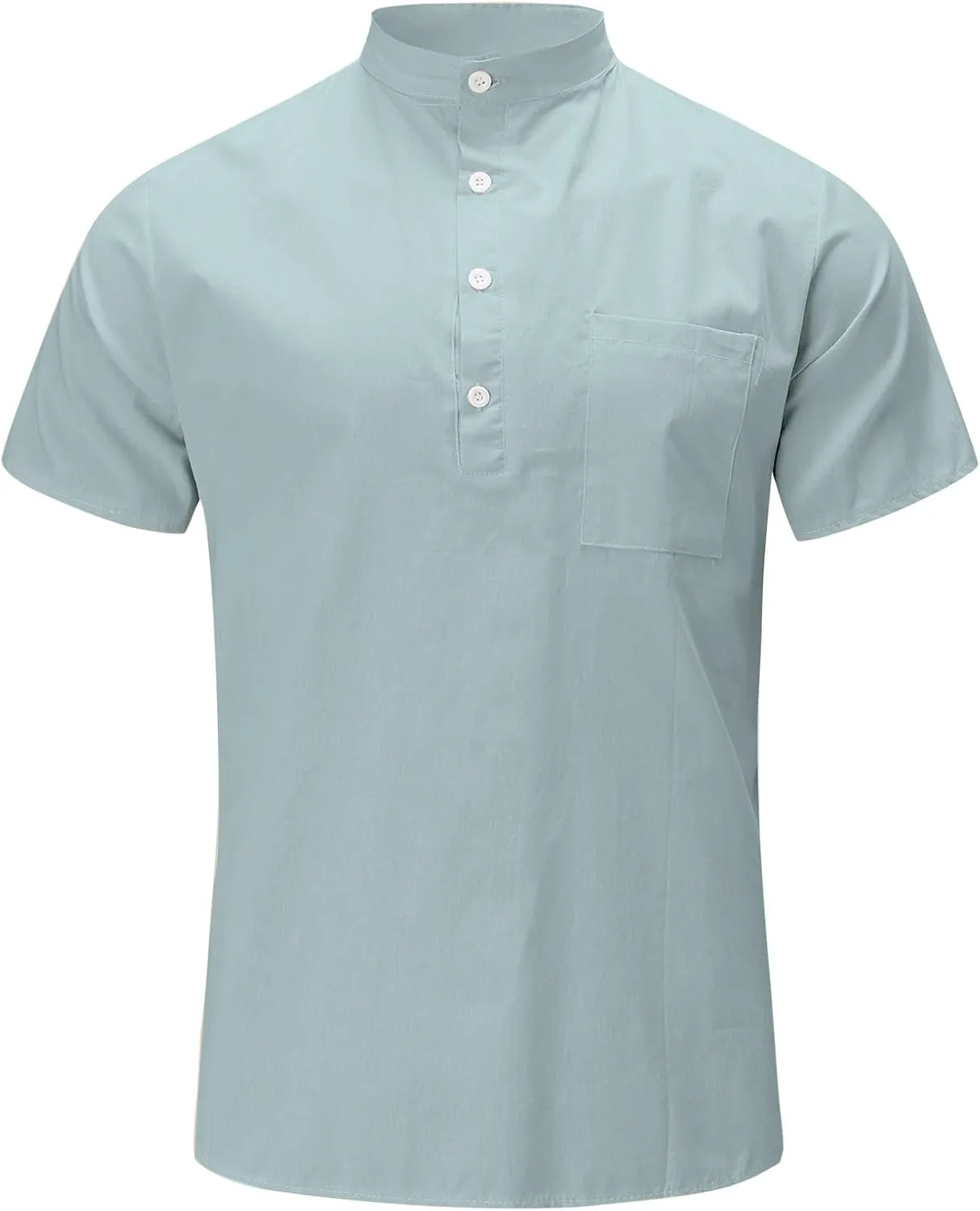Cotton Linen Henley Shirts for Men Solid Short Sleeve Band Collar Shirt with Pocket Casual Summer Beach Tshirts