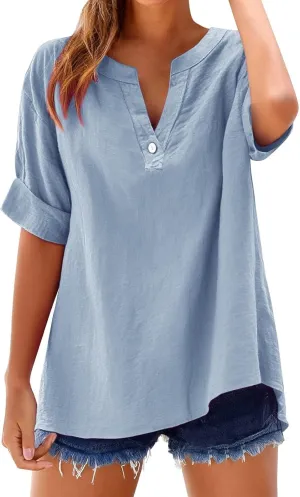Cotton Linen Shirts for Women 2025 Summer Short Sleeve V Neck Button Down Tops Dressy Casual Oversized Tshirts