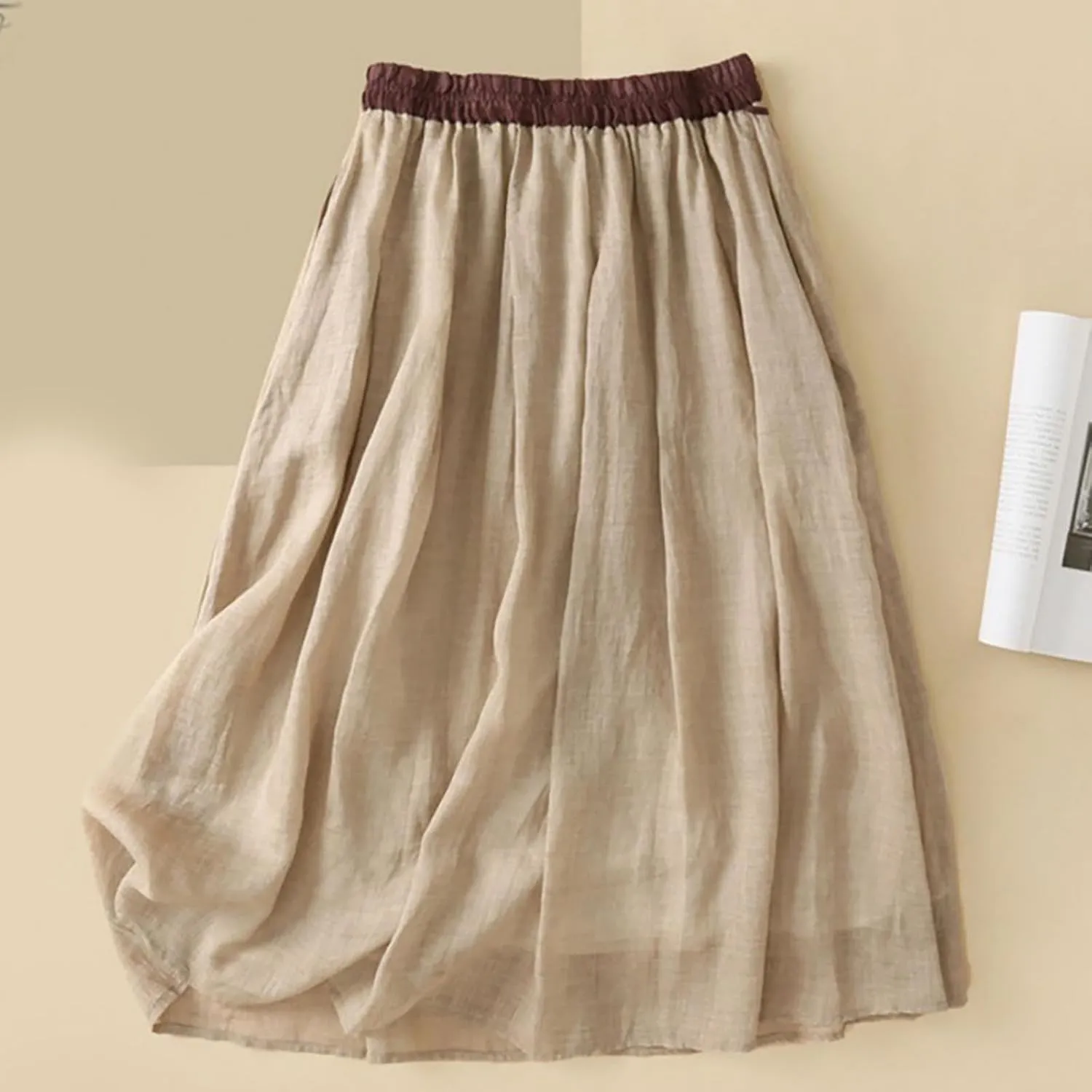 Cotton Linen Skirts for Women 2025 Summer A-Line Elastic Waist Front Strap Solid Skirt Embroidery Vintage Midi Skirts