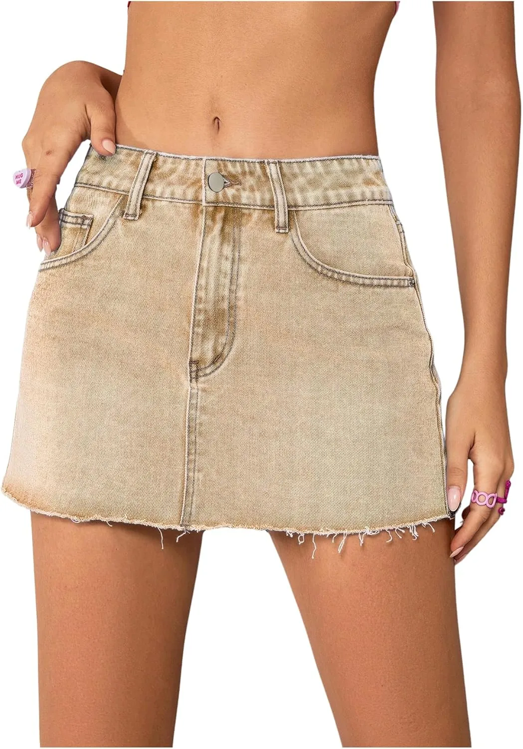 COZYEASE Women's Single Button Front Raw Hem Plain Denim Mini Skirt with Pockets
