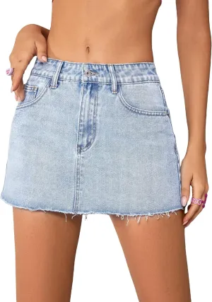 COZYEASE Women's Single Button Front Raw Hem Plain Denim Mini Skirt with Pockets