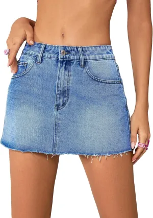 COZYEASE Women's Single Button Front Raw Hem Plain Denim Mini Skirt with Pockets