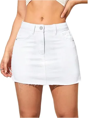 COZYEASE Women's Single Button Front Raw Hem Plain Denim Mini Skirt with Pockets