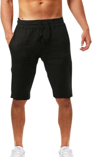 CRNTCEM Mens Casual Drawstring Linen Shorts Classic Fit Summer Beach Vacation 11 Inch Inseam Elastic Waist Shorts with Pocket