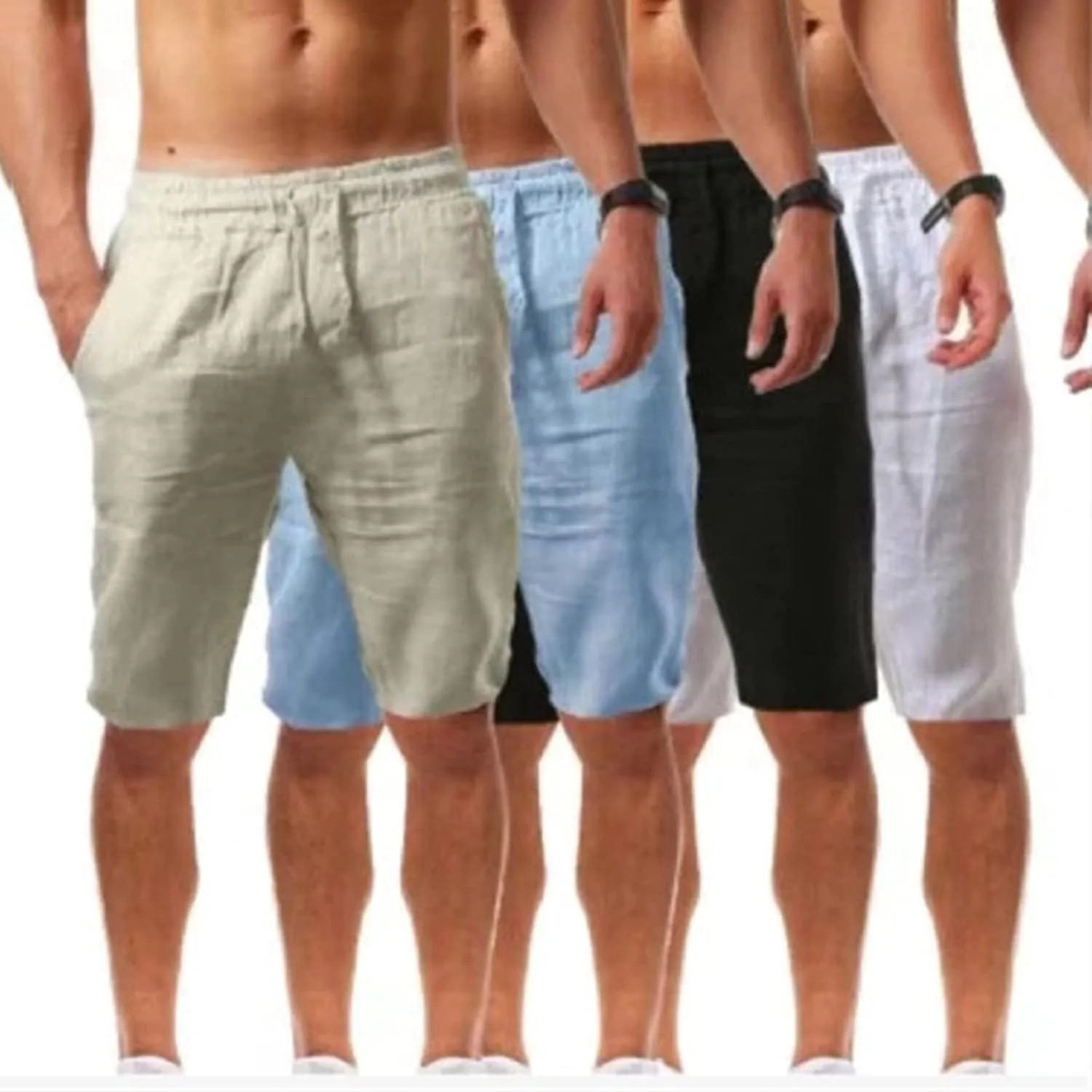 CRNTCEM Mens Casual Drawstring Linen Shorts Classic Fit Summer Beach Vacation 11 Inch Inseam Elastic Waist Shorts with Pocket
