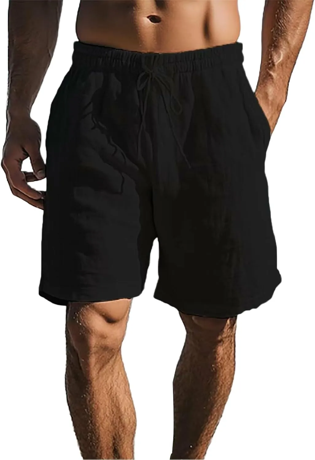 CRNTCEM Mens Cotton Linen Lounge Shorts Elastic Waist Drawstring 11 Inch Inseam Shorts Beach Workout Running Short Pants