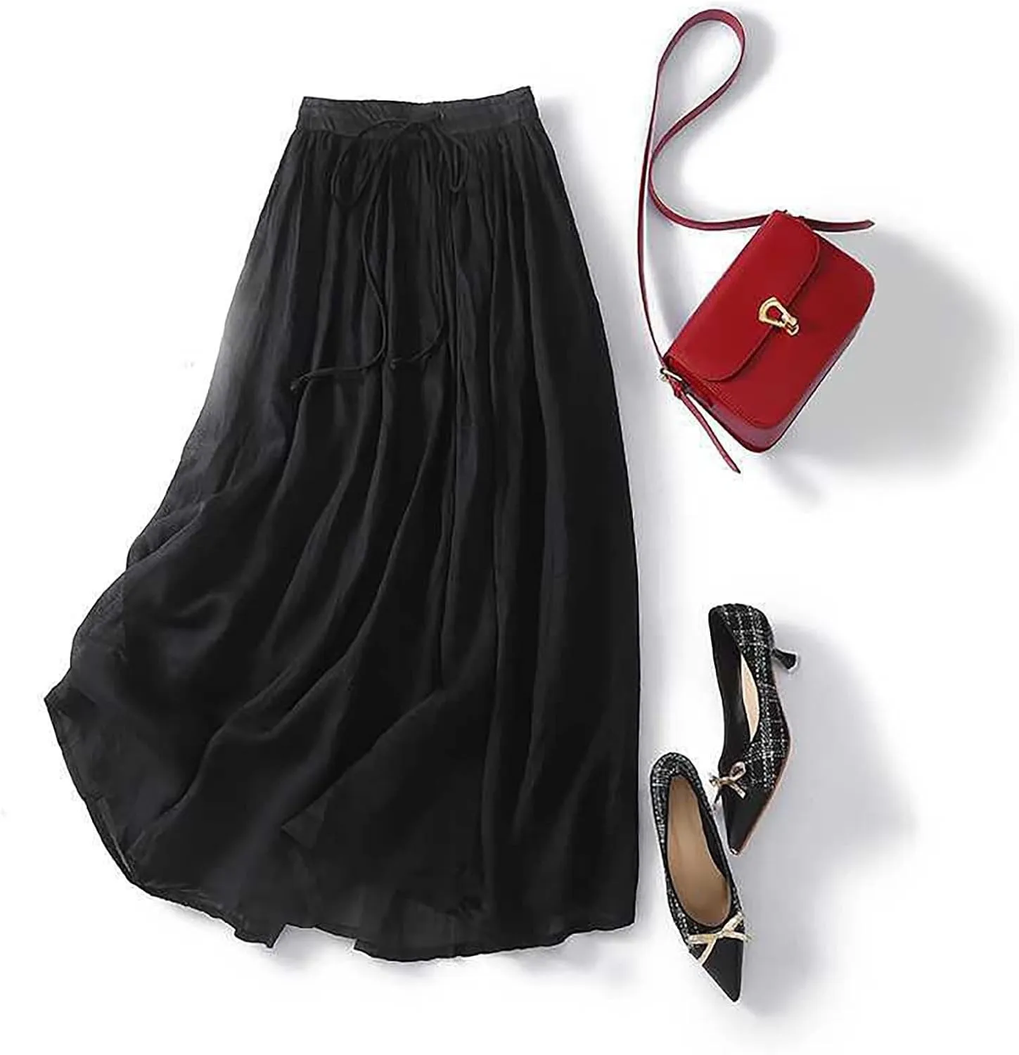 DDAPJ pyju Long Skirts for Women Bohemian Cotton Linen Double Layer Maxi Skirt Drawstring Waist Loose Beach Summer Skirt