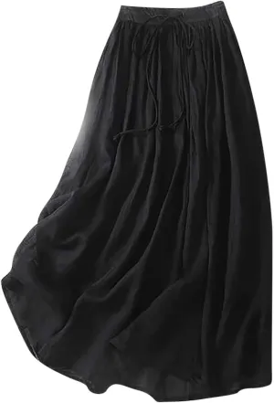 DDAPJ pyju Long Skirts for Women Bohemian Cotton Linen Double Layer Maxi Skirt Drawstring Waist Loose Beach Summer Skirt