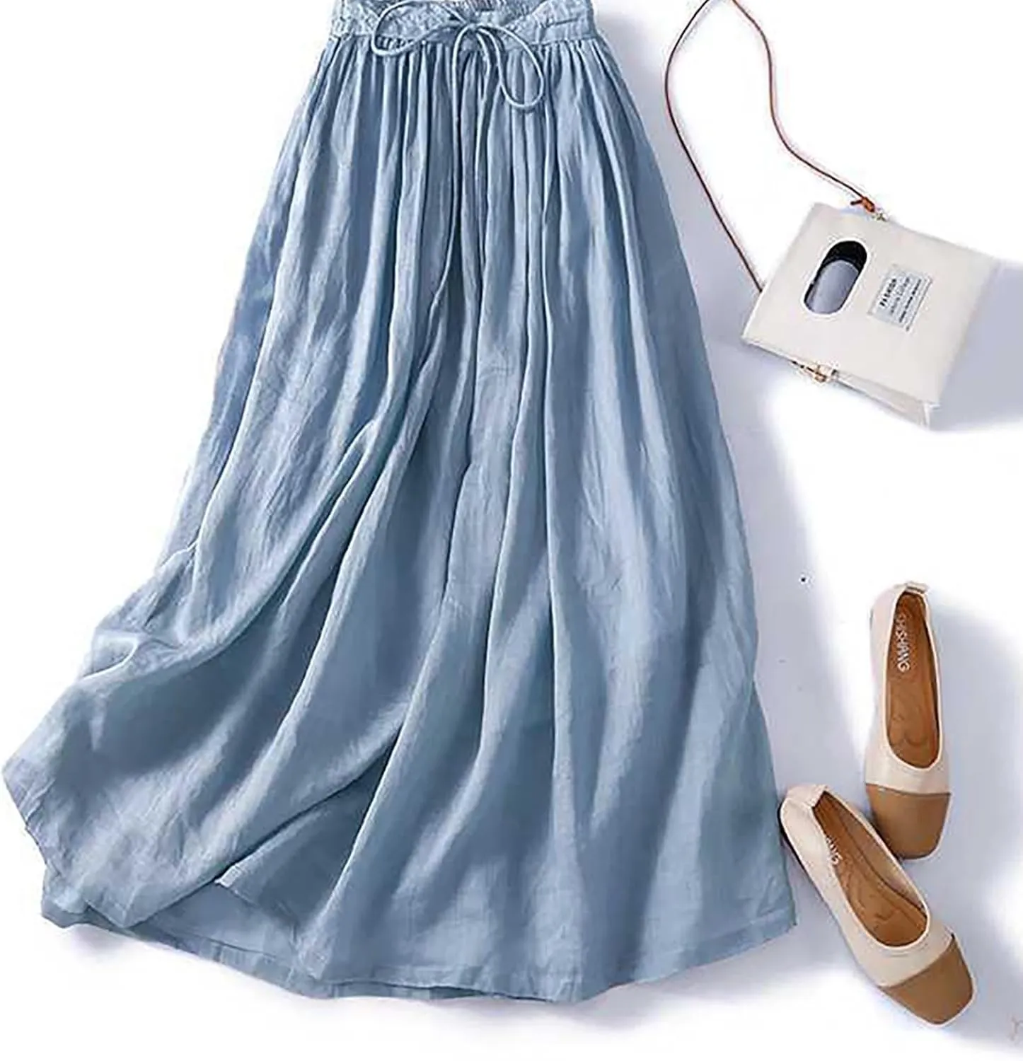 DDAPJ pyju Long Skirts for Women Bohemian Cotton Linen Double Layer Maxi Skirt Drawstring Waist Loose Beach Summer Skirt