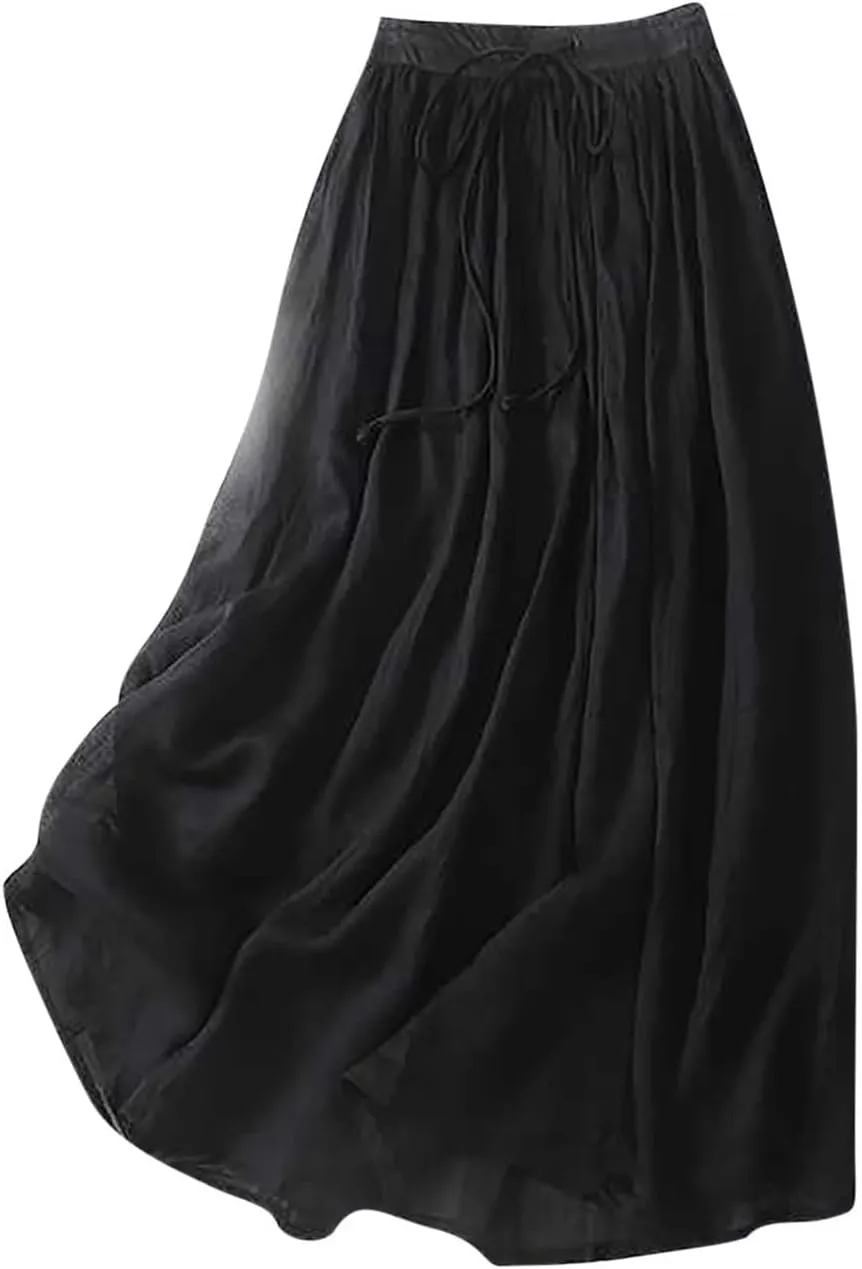 DDAPJ pyju Long Skirts for Women Bohemian Cotton Linen Double Layer Maxi Skirt Drawstring Waist Loose Beach Summer Skirt