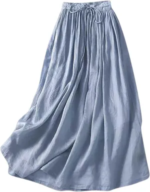 DDAPJ pyju Long Skirts for Women Bohemian Cotton Linen Double Layer Maxi Skirt Drawstring Waist Loose Beach Summer Skirt