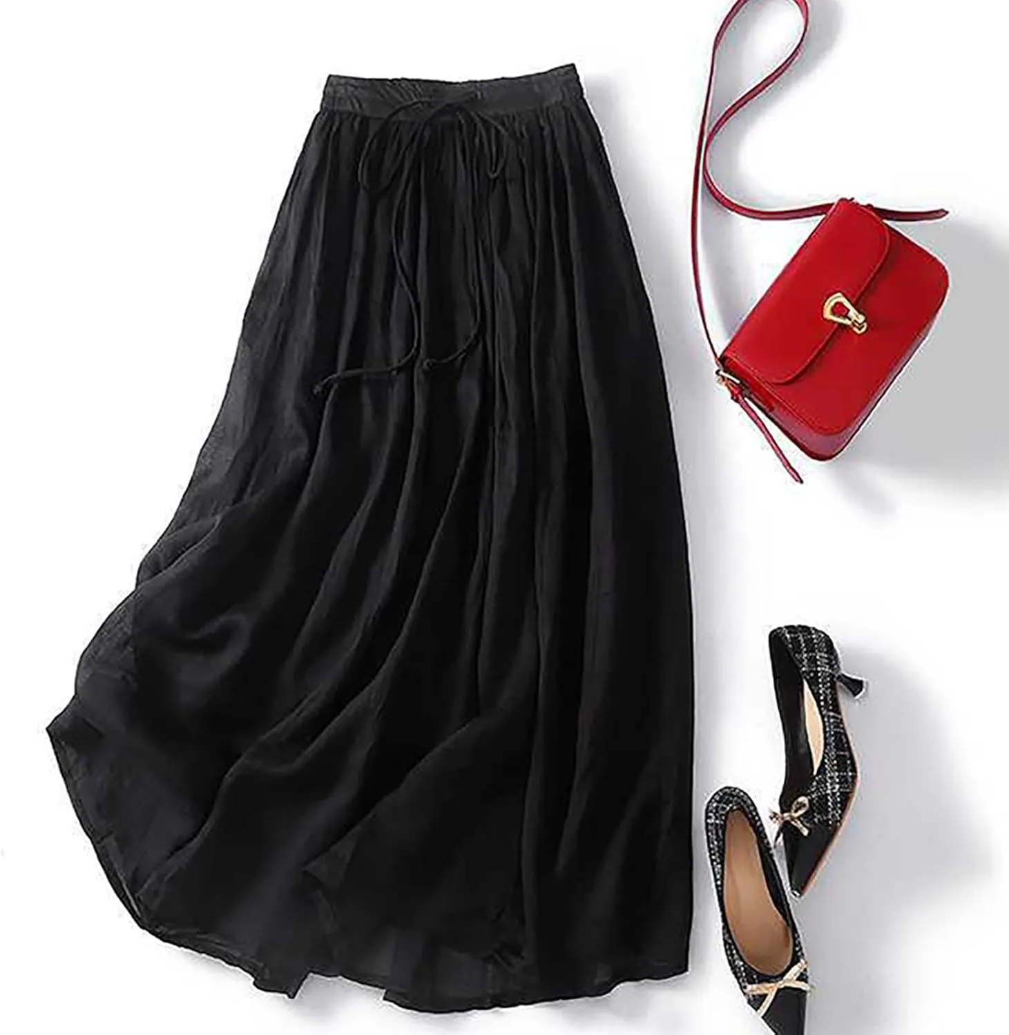 DDAPJ pyju Long Skirts for Women Bohemian Cotton Linen Double Layer Maxi Skirt Drawstring Waist Loose Beach Summer Skirt