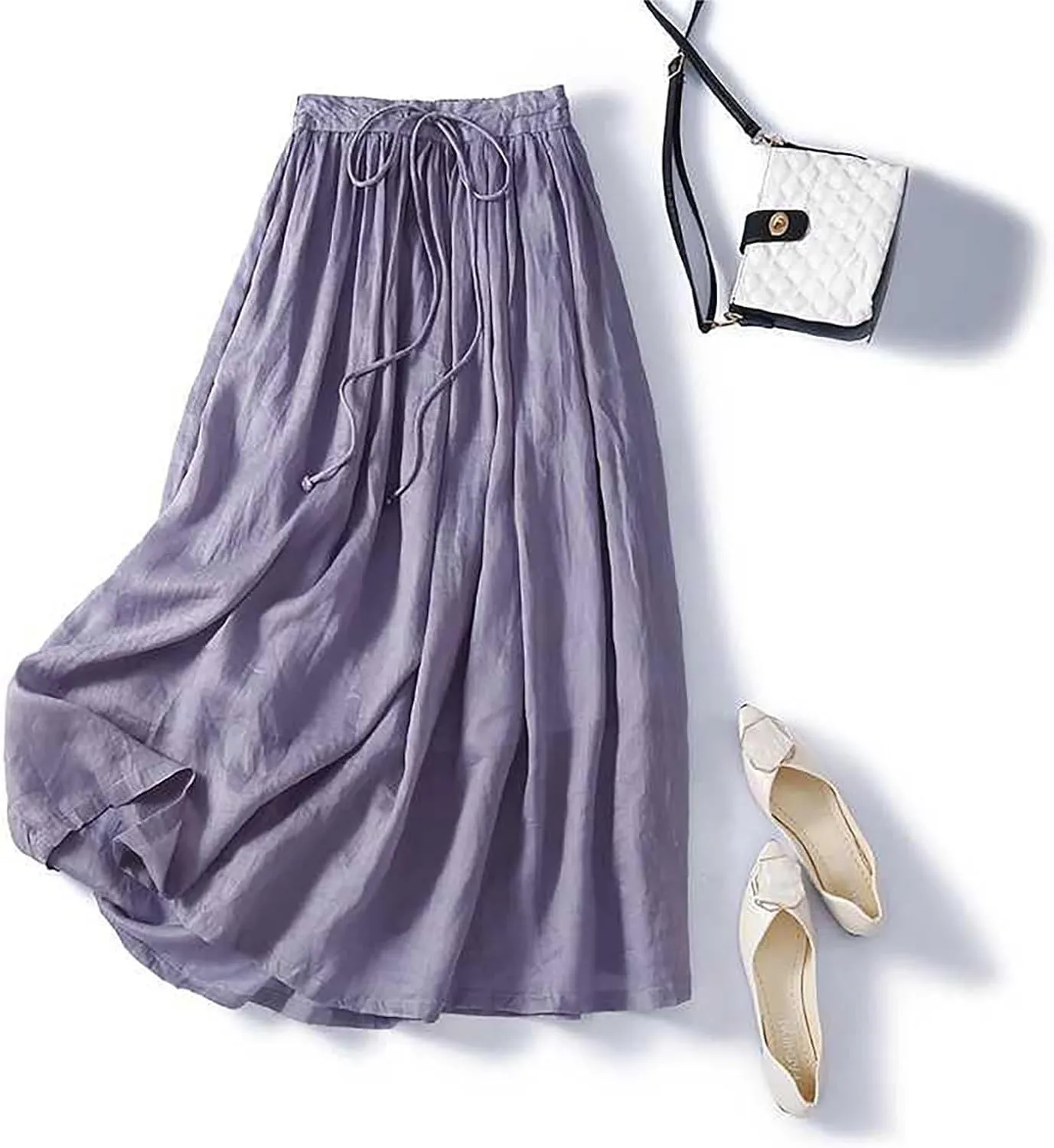 DDAPJ pyju Long Skirts for Women Bohemian Cotton Linen Double Layer Maxi Skirt Drawstring Waist Loose Beach Summer Skirt