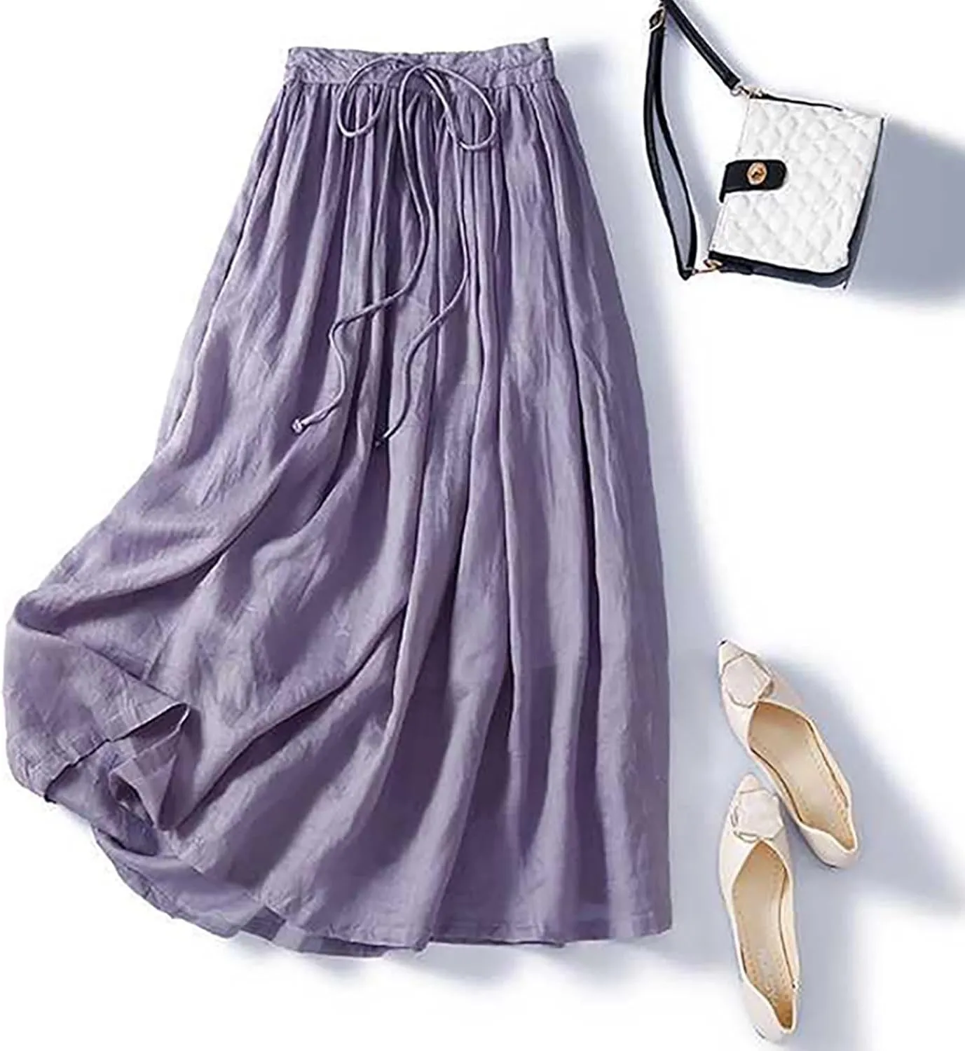 DDAPJ pyju Long Skirts for Women Bohemian Cotton Linen Double Layer Maxi Skirt Drawstring Waist Loose Beach Summer Skirt
