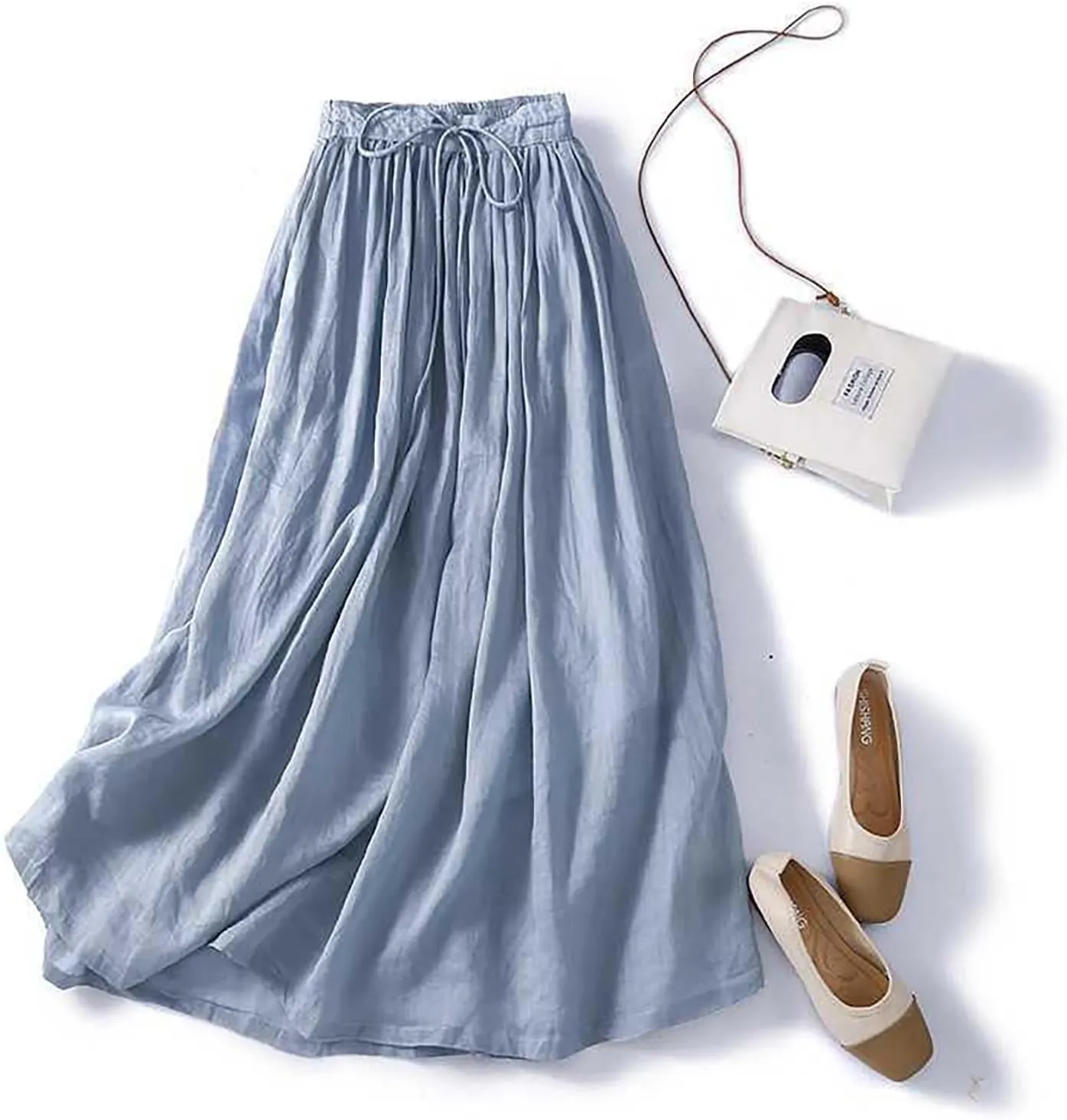 DDAPJ pyju Long Skirts for Women Bohemian Cotton Linen Double Layer Maxi Skirt Drawstring Waist Loose Beach Summer Skirt