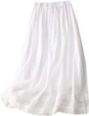 DDAPJ pyju Long Skirts for Women Bohemian Summer Cotton Linen Embroidery Skirts Drawstring Casual Beach Skirts with Pockets