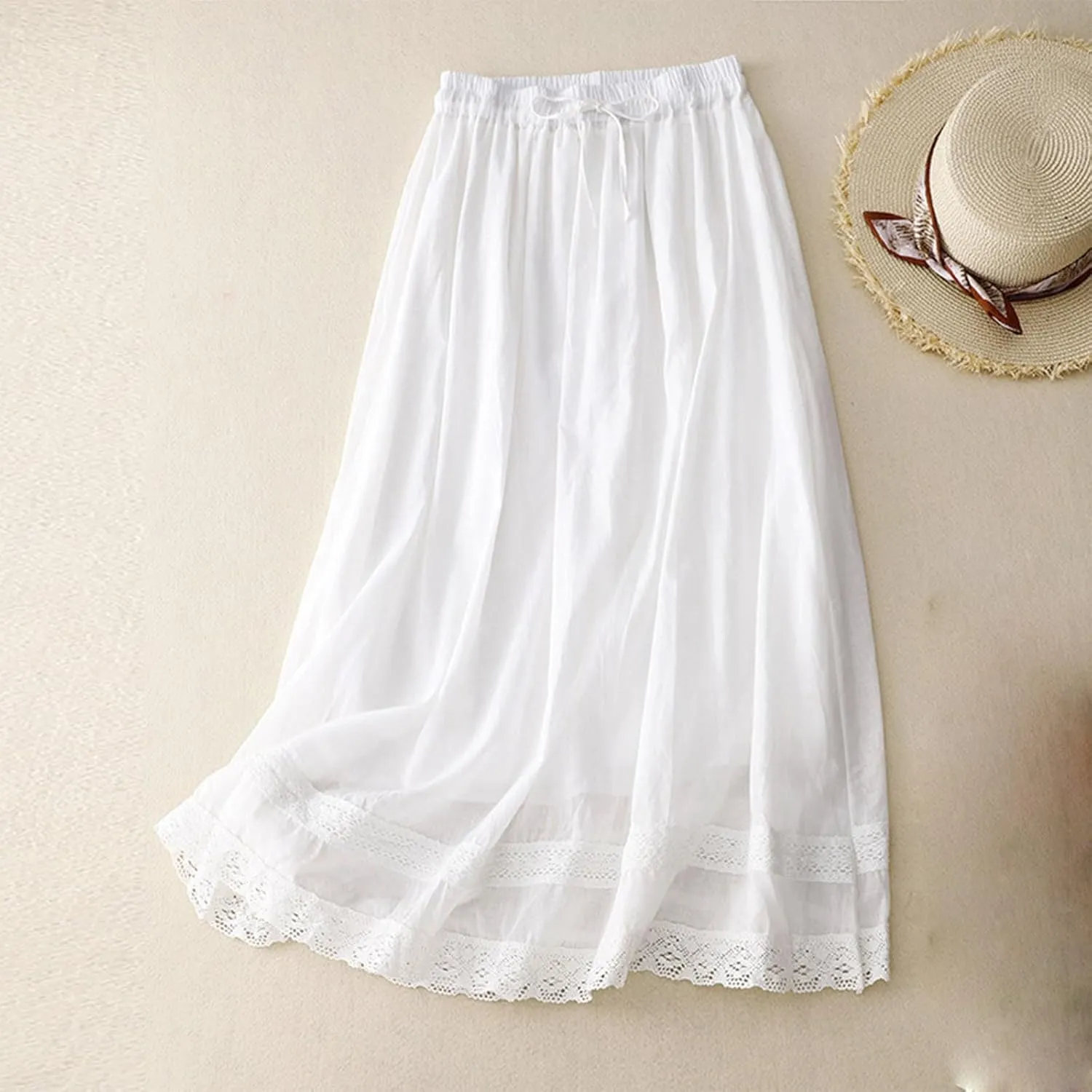 DDAPJ pyju Long Skirts for Women Bohemian Summer Cotton Linen Embroidery Skirts Drawstring Casual Beach Skirts with Pockets
