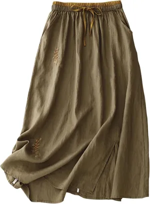 DDAPJ pyju Long Skirts for Women Bohemian Summer Cotton Linen Embroidery Skirts Drawstring Casual Beach Skirts with Pockets