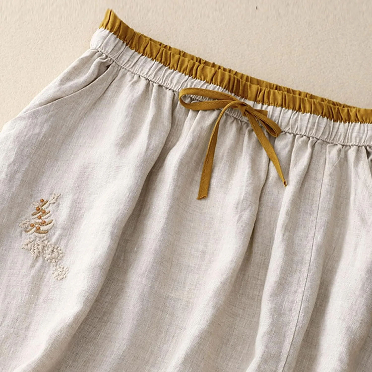 DDAPJ pyju Long Skirts for Women Bohemian Summer Cotton Linen Embroidery Skirts Drawstring Casual Beach Skirts with Pockets