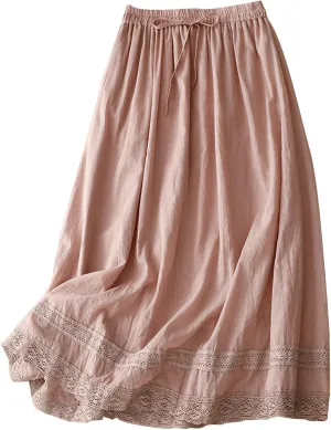DDAPJ pyju Long Skirts for Women Bohemian Summer Cotton Linen Embroidery Skirts Drawstring Casual Beach Skirts with Pockets