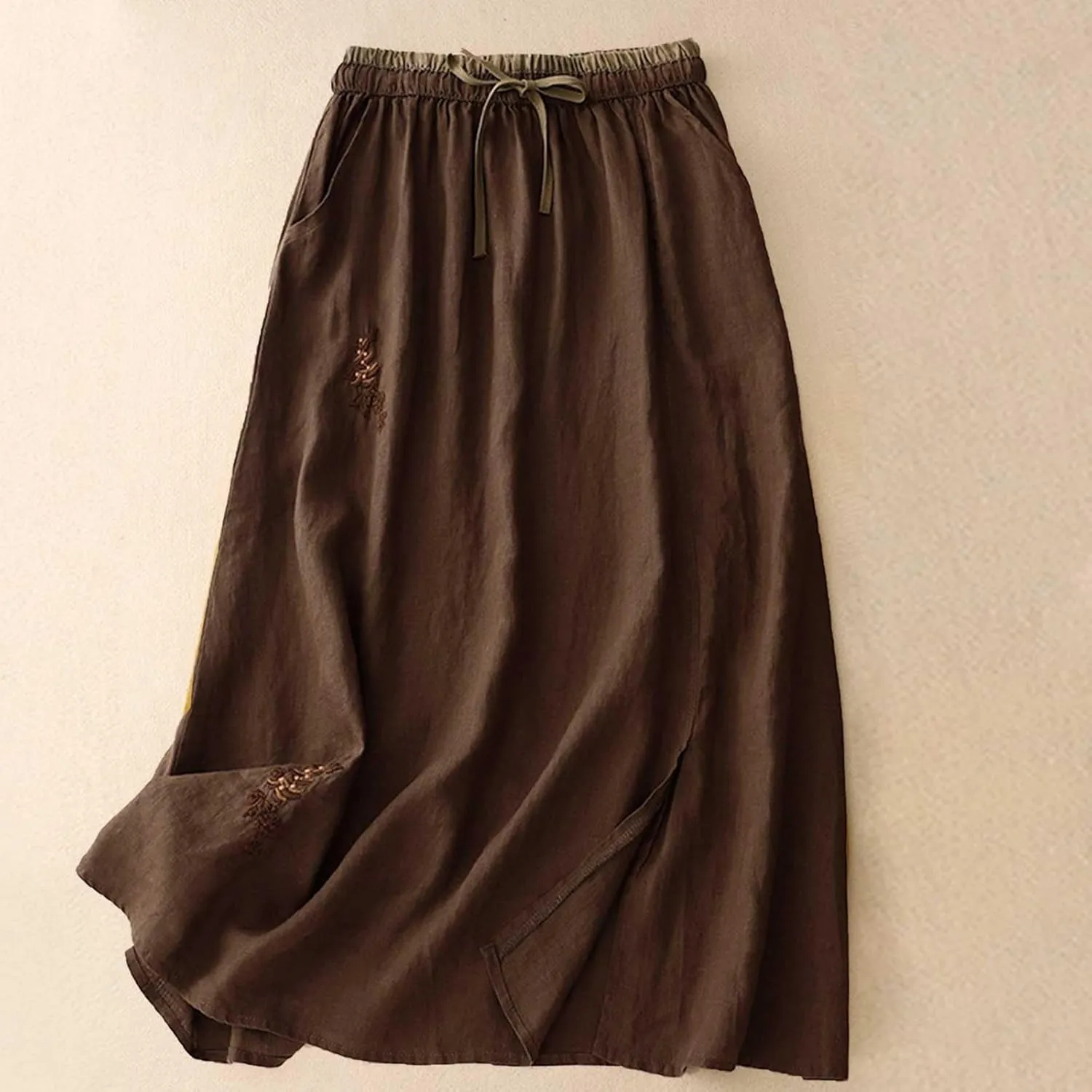 DDAPJ pyju Long Skirts for Women Bohemian Summer Cotton Linen Embroidery Skirts Drawstring Casual Beach Skirts with Pockets