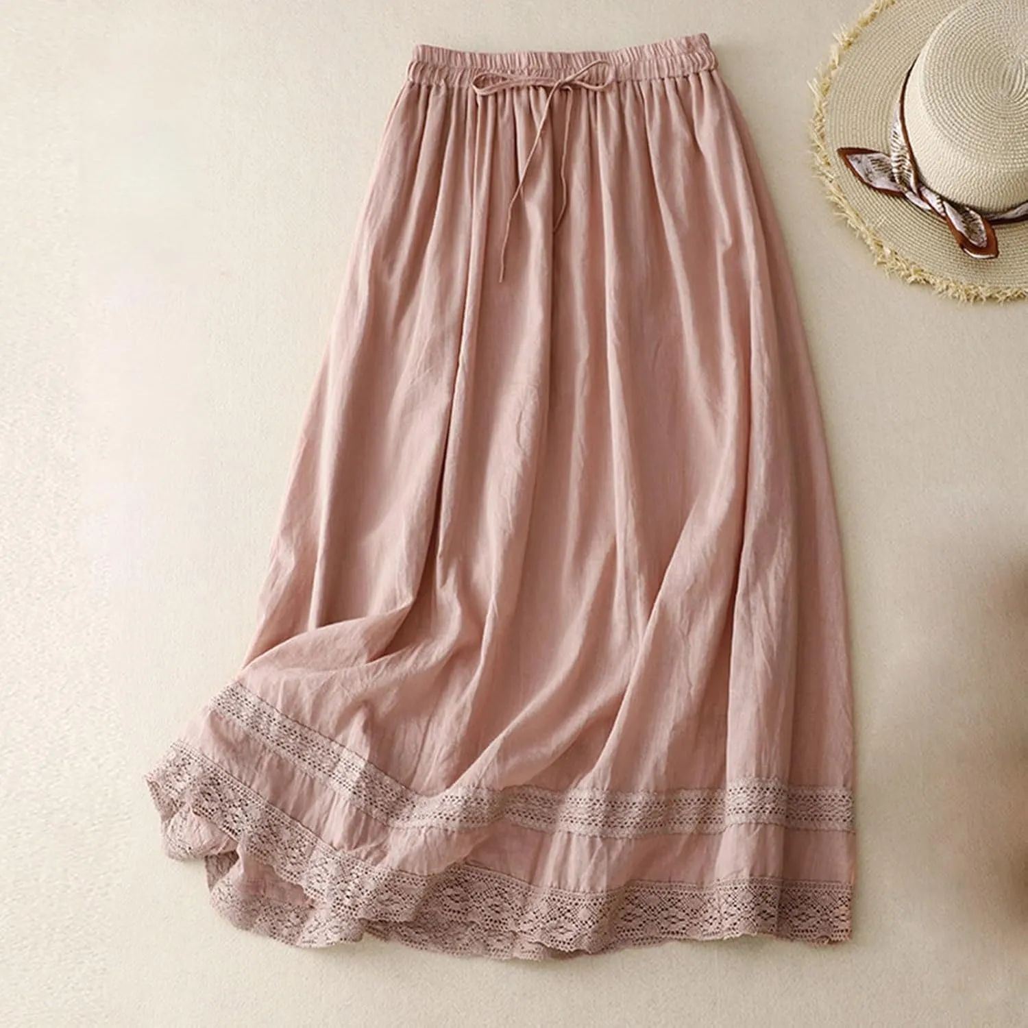 DDAPJ pyju Long Skirts for Women Bohemian Summer Cotton Linen Embroidery Skirts Drawstring Casual Beach Skirts with Pockets