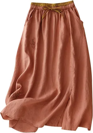 DDAPJ pyju Long Skirts for Women Bohemian Summer Cotton Linen Embroidery Skirts Drawstring Casual Beach Skirts with Pockets