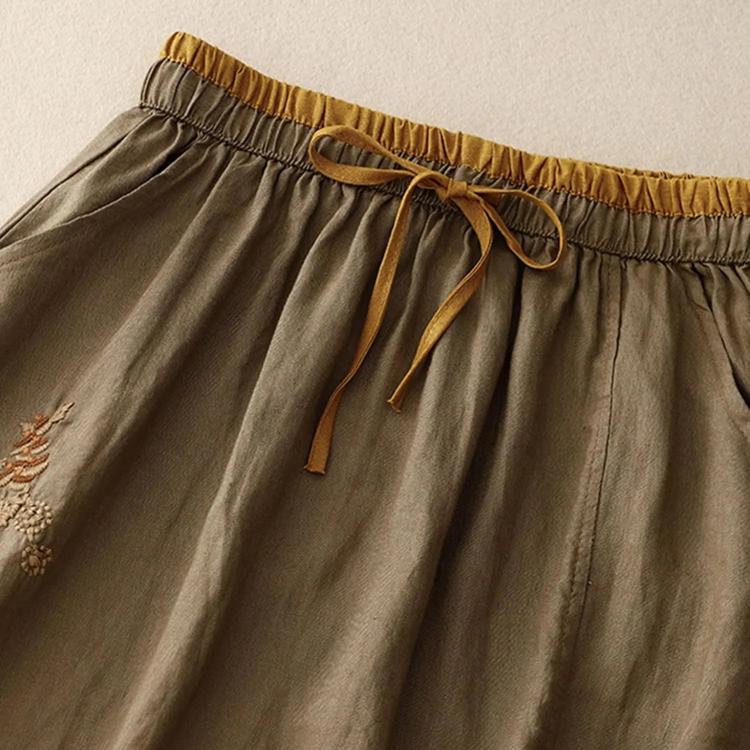 DDAPJ pyju Long Skirts for Women Bohemian Summer Cotton Linen Embroidery Skirts Drawstring Casual Beach Skirts with Pockets