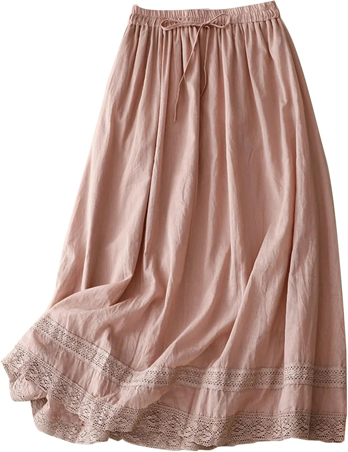 DDAPJ pyju Long Skirts for Women Bohemian Summer Cotton Linen Embroidery Skirts Drawstring Casual Beach Skirts with Pockets
