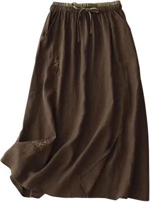DDAPJ pyju Long Skirts for Women Bohemian Summer Cotton Linen Embroidery Skirts Drawstring Casual Beach Skirts with Pockets