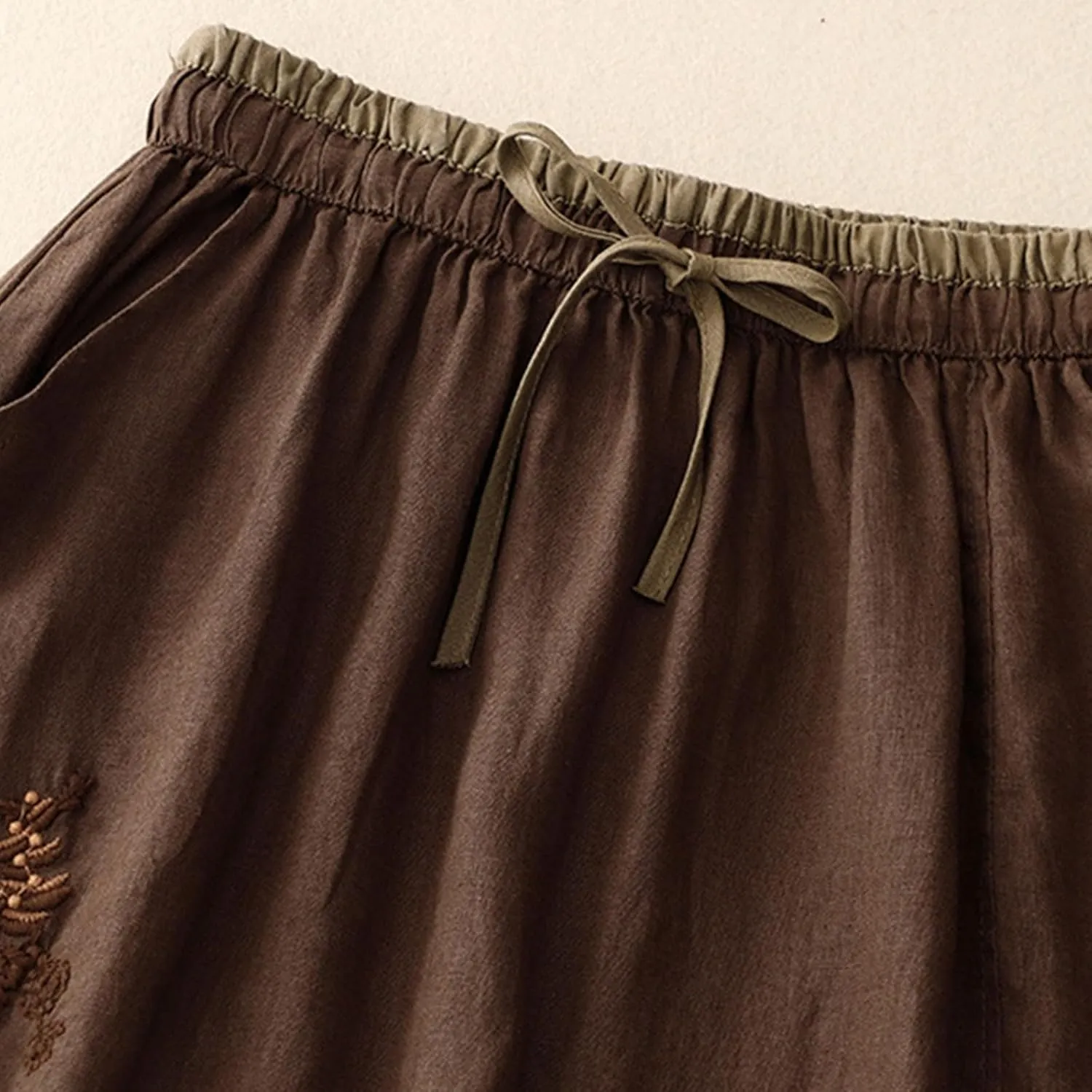 DDAPJ pyju Long Skirts for Women Bohemian Summer Cotton Linen Embroidery Skirts Drawstring Casual Beach Skirts with Pockets